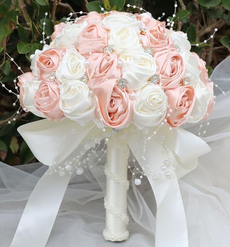 "Mhojpik Bridal Bouquet Round Glitter Bouquet Throw Artificial Rose Bouquet for Bride Bridesmaid Wedding Quinceanera (Peach Pink and Ivory 6.3"")"