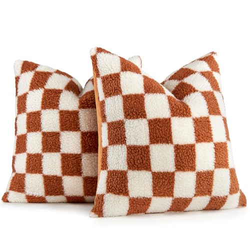 AmHoo Pack of 2 Decorative Throw Pillow Covers Checkerboard Luxury Super Soft Faux Fur Wool Set Case Cushion for Couch Sofa Bedroom 22 x 22-Inch Burnt Orange