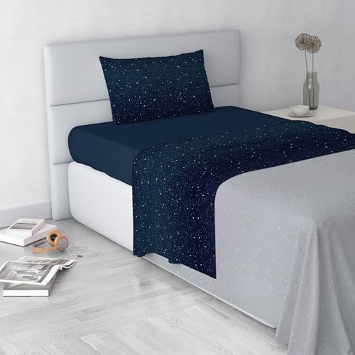 Fashion Bed Sheet Set, Made in Italy, Soft Microfibre Bed Set, Fitted Sheet, Top Sheet 180 x 270 cm and Pillowcase with Inner Flap, Stars
