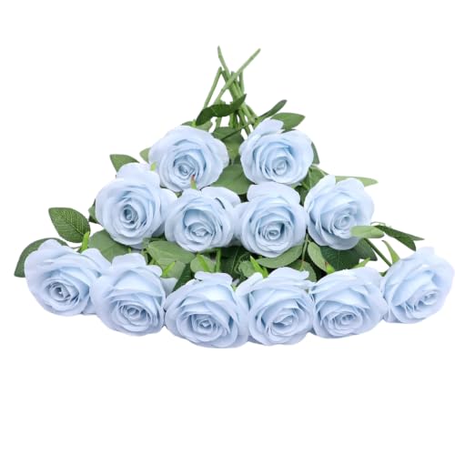 JUSMAI 12pcs Roses Artificial Flowers Real Touch Fake Flowers with Long Stems Silk Flowers for Wedding Bouquet Centerpices Decorations Party Bridal Baby Shower Home Decor (Light Blue)