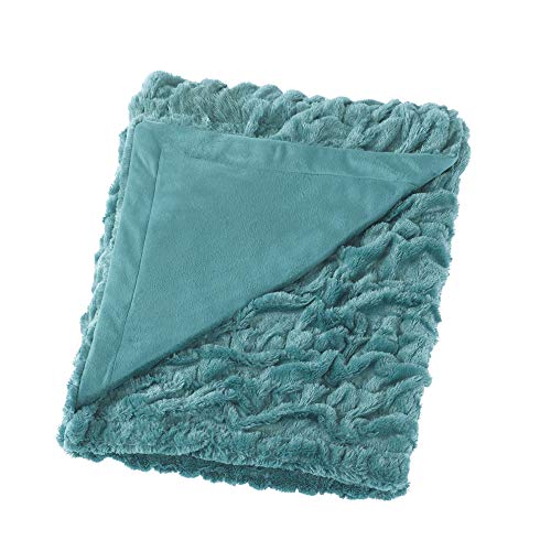 "Comfort Spaces Ruched Faux Fur Plush Throw Blanket and Pillow Set with 2 Matching Square Pillow Covers Sofa Throw Blanket for Living Room, Chair, Couch, Home Office Luxurious Fuzzy Soft Teal 50""x 60"""