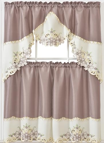 GOHD Arch Floral Kitchen Curtain Set,Floral Embroidery with cutworks,Taupe