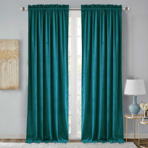 StangH Teal Velvet Blackout Curtain Panels Vintage Style Privacy Farmhouse Curtains Thermal Insulated Curtains for Sliding Glass Door/Guest Room, 52 x 96-inch, 2 Pcs