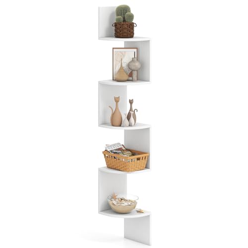 HOMFME 5-Tier Corner Shelf, Wooden Display Floating Shelves Wall Shelving Unit, Wall Mount Bookcase Corner Storage Display Rack for Living Room Bedroom Office (1, White)