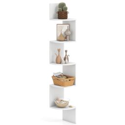 HOMFME 5-Tier Corner Shelf, Wooden Display Floating Shelves Wall Shelving Unit, Wall Mount Bookcase Corner Storage Display Rack for Living Room Bedroom Office (1, White)
