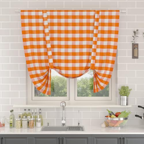 NATUS WEAVER Tie Up Curtain for Kitchen Window Buffalo Check Adjustable Tie Up Shades Plaid Gingham Farmhouse Rod Pocket for Bathroom, 42 x 45 Inches, 1 Panel Orange and White