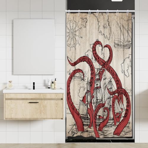 Coxila Octopus Shower Curtain Stall Small Single Mini Red Nautical Vintage Brown Fun Kraken Monster Ocean Anime Pirate Sea Cool Ship Sailboat Adventure 36 x 72 Inch Polyester Fabric 7 Pack Hooks