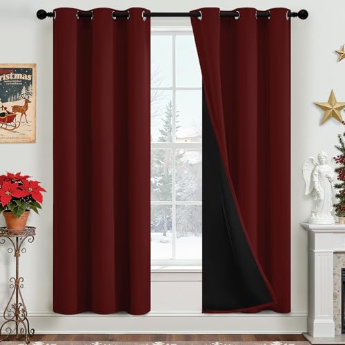 Yakamok 100% Blackout Curtains for Bedroom 2 Panels - Completely Blackout Window Drapes Thermal Insulate Window Panels with Black Backing for Living Room, Grommet Top (38 by 72 inches, Burgundy Red)