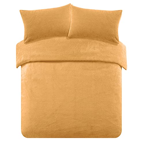 Brentfords Yellow Teddy Fleece Double Duvet Set, Ochre Fleece Duvet Cover Double Winter Warm Christmas Bedding Double Super Soft Warm Cosy Duvet Covers with Pillowcases