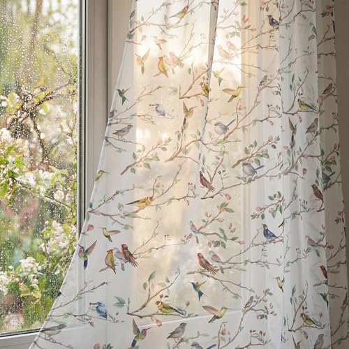 "Horaldaily Spring Sheer Curtains for Living Room and Bedroom, Birds Branch Floral Window Curtains, Holiday Window Drapes Decor, 52"" W x 63"" L, Set of 2 Curtain Panels"