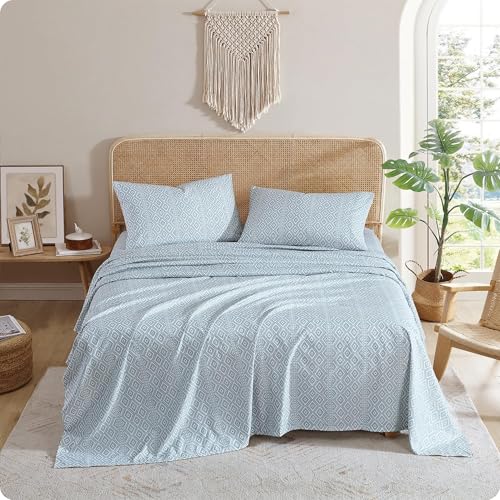 Indigo Ink - Queen Bed Sheets, Medium Weight Bedding with Matching Pillowcases, Boho Floral Bed Set, Soft & Wrinkle Resistant (Tribal Jade Collection, Aqua Green)
