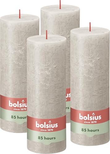 Bolsius Rustic Pillar Candle - Light Grey - Pack of 4 - Long Burning Time of 85 Hours - Household Candle - Interior Decoration - Unscented - Natural Vegan Wax - No Palm Oil - 19 x 7 cm