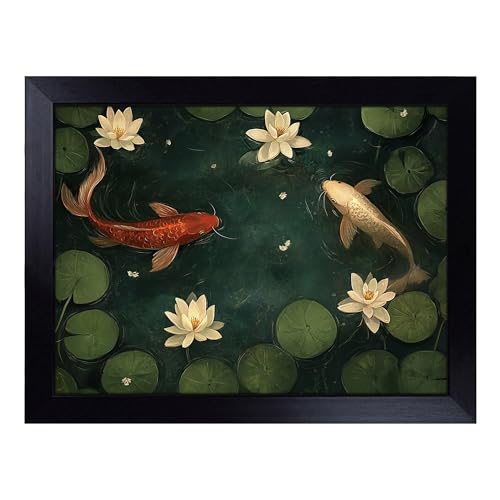 Lap Tray with Bean Bag Cushion, Koi Fish Graphic - Handmade in the UK, Raised Wooden Edge, Padded Cushion, Heat-Resistant Wipe-Clean Surface, for Meals, Laptops and Crafts
