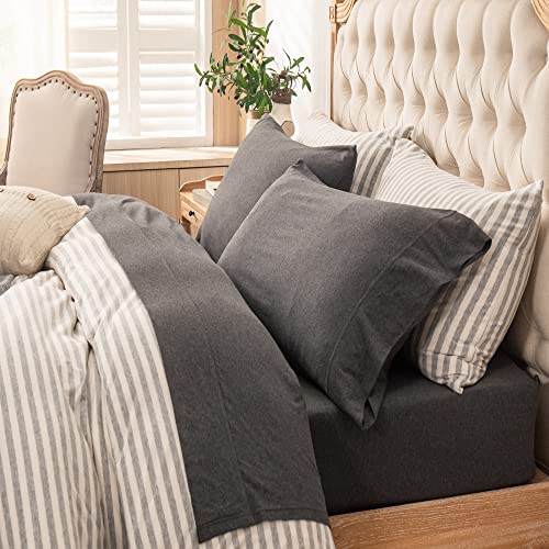 "PURE ERA Jersey Knit 4pc Bed Sheet Set 100% T-Shirt Heather Cotton Super Soft Comfy Breathable Fits Mattress Up to 20"" Extra Deep Pocket Charcoal Gray King"