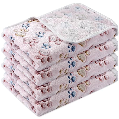 Tatuo 4 Pcs Dog Blanket for Pet Puppy Teething Toys Paw Print Fleece Blanket for Pet Cat Soft Warm Sleep Mat Guinea Pig Cage Mat(X-Large(41 x 30 Inch),Beige)