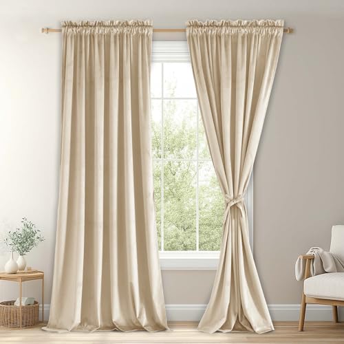 JIUZHEN Beige Velvet Curtains 84 inches for Living Room - Soft Retro Blackout Velvet Drapes Rod Pocket Room Darkening Thermal Insulated for Bedroom/Gallery, 60W x 84L, 2 Panels with Tiebacks