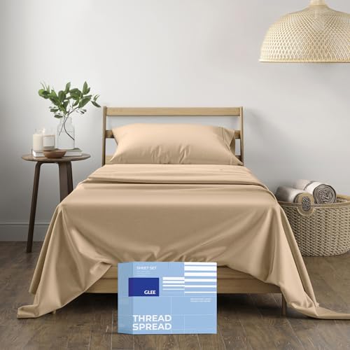 "THREAD SPREAD 100% Cotton Sheets Twin Size - 400 Thread Count Cotton Bed Sheets Twin, 3 PC Set (Taupe), Luxury Soft, Breathable, Cooling, Sateen Weave 16"" Deep Pocket Bedsheet for Dorm Rooms"