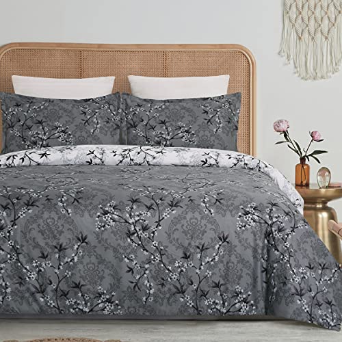 YEPINS Soft Bedding Duvet Cover Set with Zipper Closure and Corner Ties, Branch Floral and Paisley Printed Pattern, Reversible Design, Grey and White- Brushed Microfiber King Size
