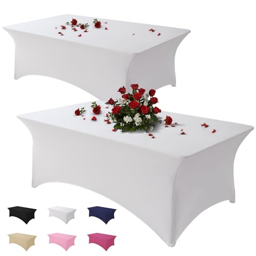 Famstar Table Cloth 2 Pack White 6FT Spandex Tablecloth for Rectangle Fitted Table Cloths Stretch Covers Washable Wrinkle Free Tablecloths for Festival Camping Picnic Wedding Party (183Lx76Wx76H) cm