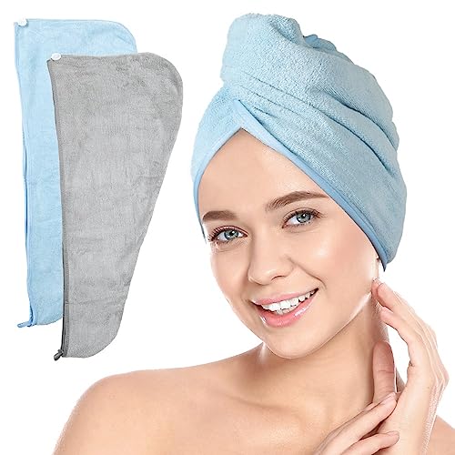 "ForPro Professional Collection Premium Microfiber Hair Towel Wrap, 2-Pack Quick Drying Hair Turban for Women, 10"" x 26"", Cool Grey + Sky Blue"