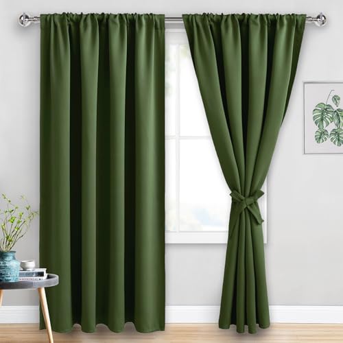 JIUZHEN Christmas Blackout Curtains for Bedroom - Thermal Insulated Room Darkening Rod Pocket Curtains for Living Room, Set of 2 Panels with Tiebacks, 70 x 96 Inch Length, Olive Green