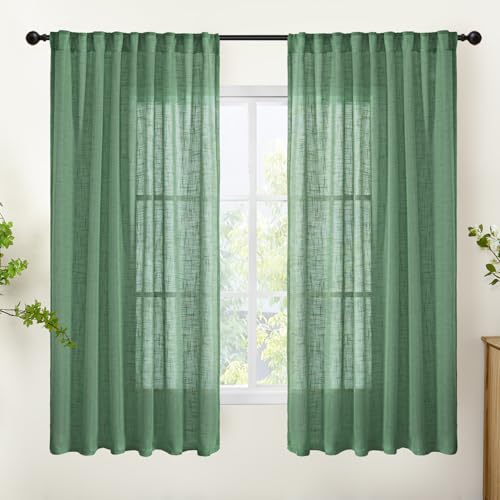 YoungsTex Green Linen Semi Sheer Curtains 63 Inch Length - Light Filtering Drapes with Back Tab Rod Pocket Lightweight for Living Room Window, 2 Panels, 52 X 63 Inch