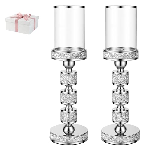 "Hurricane Candle Holder, 15.9"" Tall Metal Candle Stand, Glass Pillar Holder - Crystal Candle Holders for Table Centerpieces, Home Decor, Wedding, Dining Table"