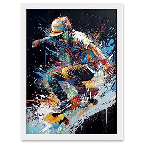 Artery8 Skateboarder Skating Multicoloured Splat Paint Artwork Framed Wall Art Print A4