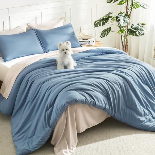 Litanika California King Comforter Set, 3 Pieces Solid Bedding - Dark Grayish Blue Soft Fluffy Down Alternative All Season Quilt Blanket