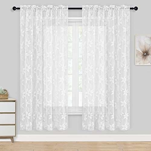 DWCN Floral Lace Sheer Curtains - Rod Pocket Window Voile Sheer Drapes for Bedroom Kitchen Short Curtains 52 x 63 in Length, Set of 2 White Curtain Panels