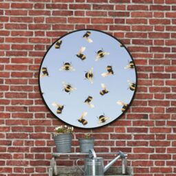 "MirrorOutlet The Typis - Black Metal Frame Edged Modern Round Circular Edge Garden Wall Mirror With Bumble Bee Design 31""x31"" (80CM X 80CM) Silver Mirror Glass with Black Frame"
