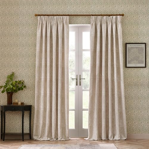 Morris&Co. Marigold Pencil Pleat Curtain Pair – Jacquard Lined Floral Heritage Drapes (Stone - 229x229cm)