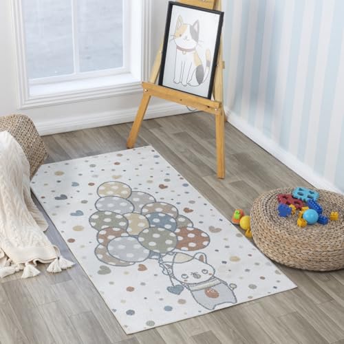 Livabliss Baloon Buddy Bear Kids Washable Design – Bedroom 80x150 cm, Children Animal Theme for Girls Boys, Playroom Nursery Use, Machine Washable, Cream