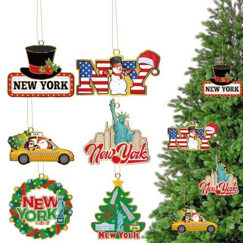 6 Pcs New York City Christmas Tree Hanging Iron Ornament Statue of Liberty Keepsake Wreath I Lover New York Themed Metal Hanging Decorations with Rope for Xmas Decorations