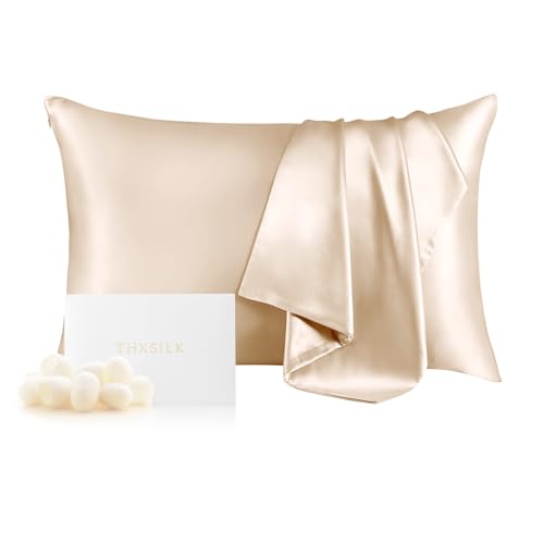 "THXSILK 100% Mulberry Silk Pillowcase for Hair and Skin Health, Soft and Smooth Pillowcase with Hidden Zipper, Both Sides Premium Grade 6A+ Silk, 1pc (Standard 20""x26"", Beige)"