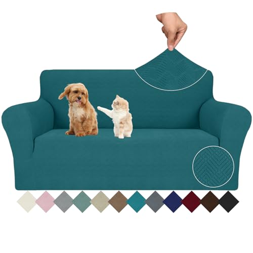 JIVINER Stretch Loveseat Slipcovers 1 Piece Love Seat Sofa Cover Spandex 2 Seater Couch Covers Universal Furniture Protector with Elastic Bottom (Medium, Teal Rhomb)