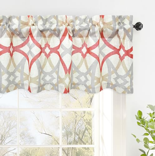 "DriftAway Linen Textured Window Valance for Kitchen Bathroom Bedroom Living Room Kitchen Windows Basement Blinds Rod Pocket Semi Sheer 52""x14"" Plus 1.75 Inches Header 1 Panel Trellis Red"
