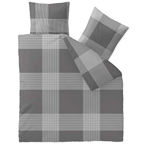 CelinaTex Touchme Flannelette Bed Linen 200 x 220 cm 3-Piece Cotton Duvet Cover Set, Bedding Set for Summer and Winter, All Year Round, Easy Care, Stine Checked Grey Anthracite
