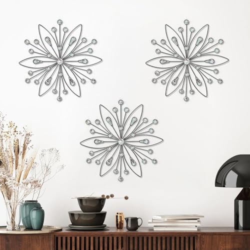 ZEXUIRU 3 Set Black Metal Jeweled Wall Art Bling Crystal Home Décor Sun Burst Rhinestone Wall Hanging Diamond Accents