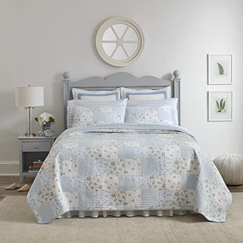 Laura Ashley Luxury Premium Ultra Soft Quilt Set, Comfortable & Stylish Bedding, Seasons, Cotton, Cornflower, Queen