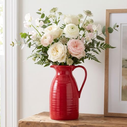 hjn hjn Farmhouse Pitcher Vase for Flowers- Ceramic Pitcher Vase Red Decorative Pitcher for Your Kitchen/Home Decor/Office/Living Room/Bookshelf/Mantel/-Red