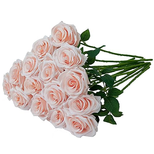 Carlita???s Blooms 15pcs Blush Roses Artificial Flowers Silk Fake Flowers Realistic Pink Roses Bouquet Long Stemink for Wedding Home Party Birthday Decoration