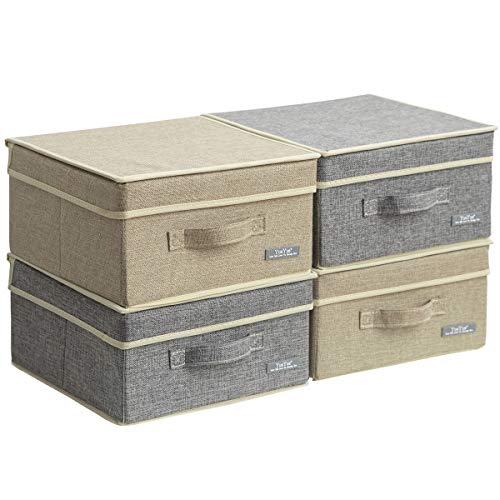 YueYue 4 Pack Small Fabric Storage Box with Lids, Foldable Linen Storage Box with Lids 4 Pieces Gray&Linen Set 12.4in/12in/6.7in