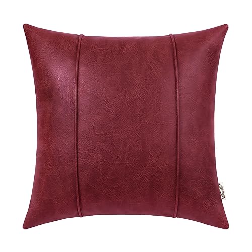 BRAWARM Burgundy Leather Throw Pillow Covers 18 X 18 Inches - Faux Leather Pillow Cover with Piping, Hand Stitched Leather Throw Pillow for Couch Sofa Bed Living Room Home Decorative