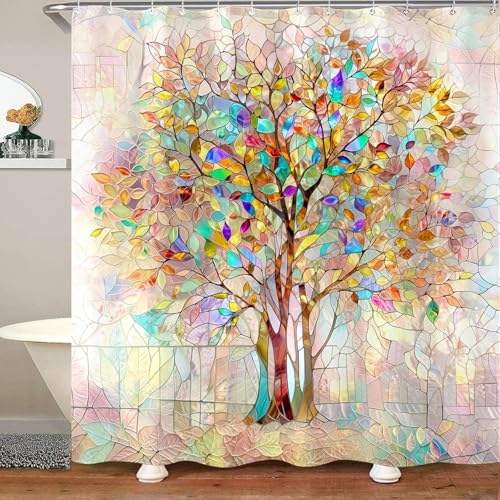 Kanuyee Tree of Life Shower Curtain Stained Glass Shower Curtain Art Shower Curtains for Bathroom Colorful Shower Curtain Set with 12 Hooks Tree-01 72??84 Inches