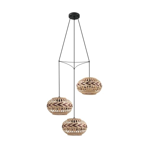 EGLO Dondarrion Pendant Light, 3-Bulb Pendant Lamp Vintage, Scandinavian, Boho, Steel Hanging Light, Wood, Dining Table Lamp, Living Room Lamp, Hanging in Black, Natural, Wine Red, E27 Socket,