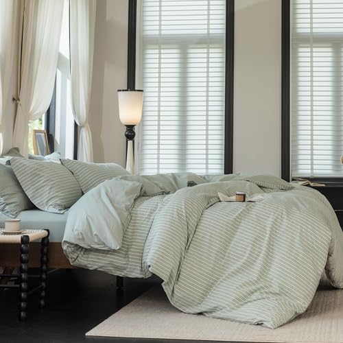 Warm Moment Reversible Duvet Cover Set 100% Washed Cotton Green Stripe Linen Feel Duvet Cover Full Size with Zipper Closure & 2 Pillow Shams, Celadon Green/White Stripe Reverse Solid Celadon Green