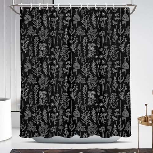 Coxila Vintage Floral Shower Curtain Botanical Flower Black Dark Moody Darken Ivory Boho Rustic Wildflower Neutral Cute Retro Nature Plant Bathroom 60 x 72 Inch Polyester Fabric 12 Pack Hooks