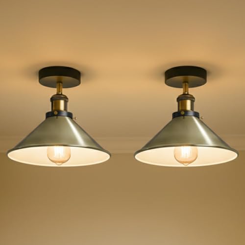 LEDSone 2 Pack Ceiling Lighting Semi Flush Mount Metal E27 Green Brass Cone Shade