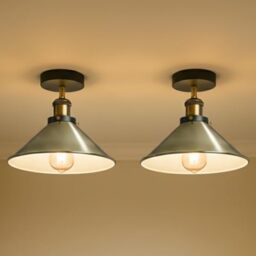 LEDSone 2 Pack Ceiling Lighting Semi Flush Mount Metal E27 Green Brass Cone Shade